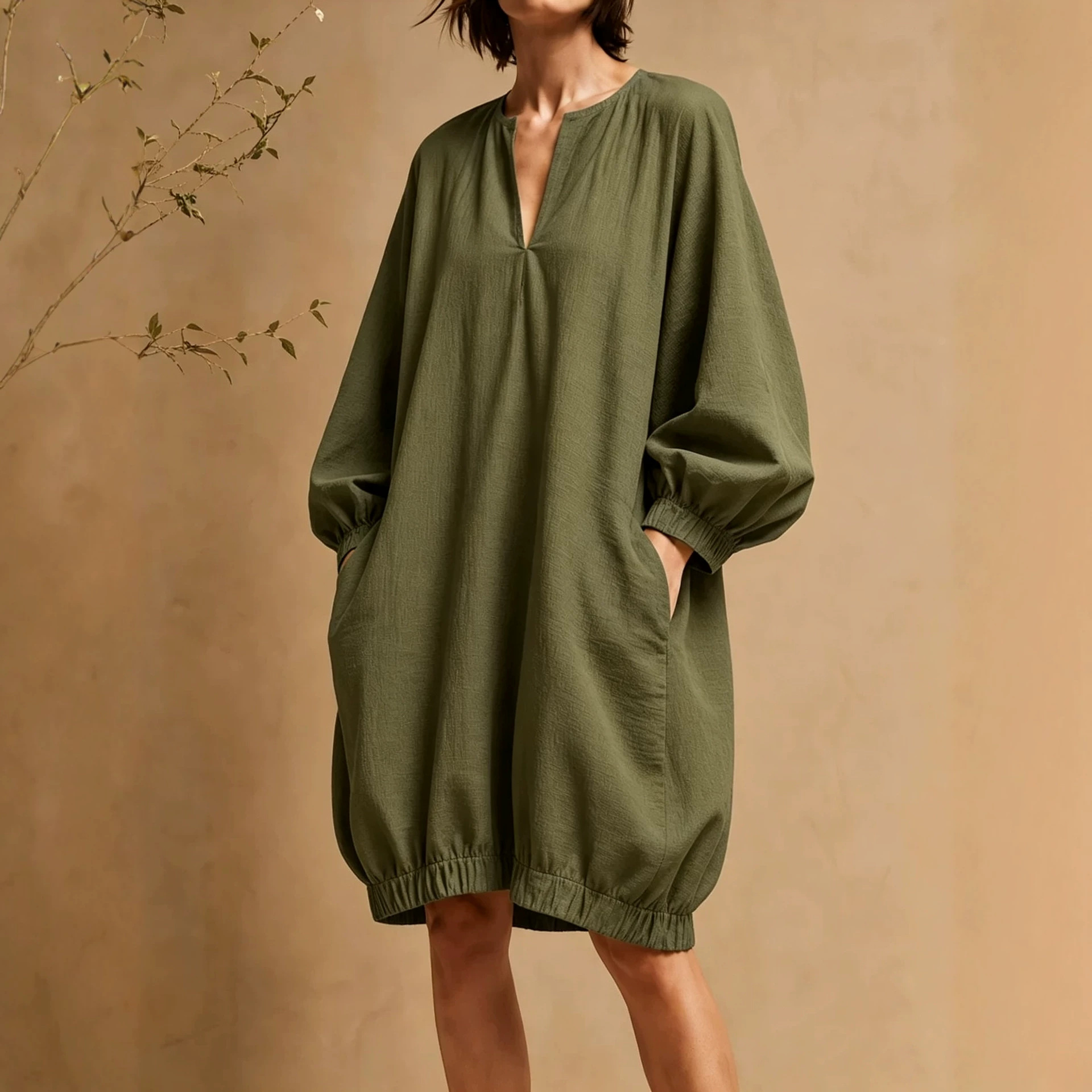 Women's V-Neck Loose Midi Dress with Lantern Sleeves