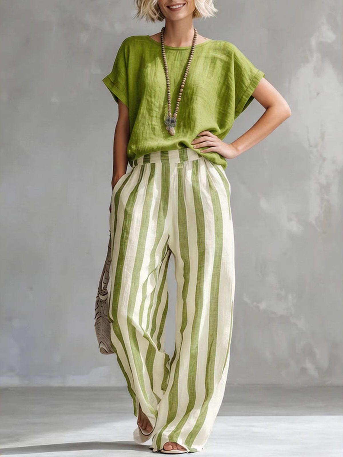 Striped Crewneck Top & Straight-Leg Pants Casual Set
