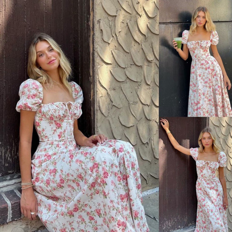 Floral Print High-Waist Slit Midi Dress with Puff Sleeves