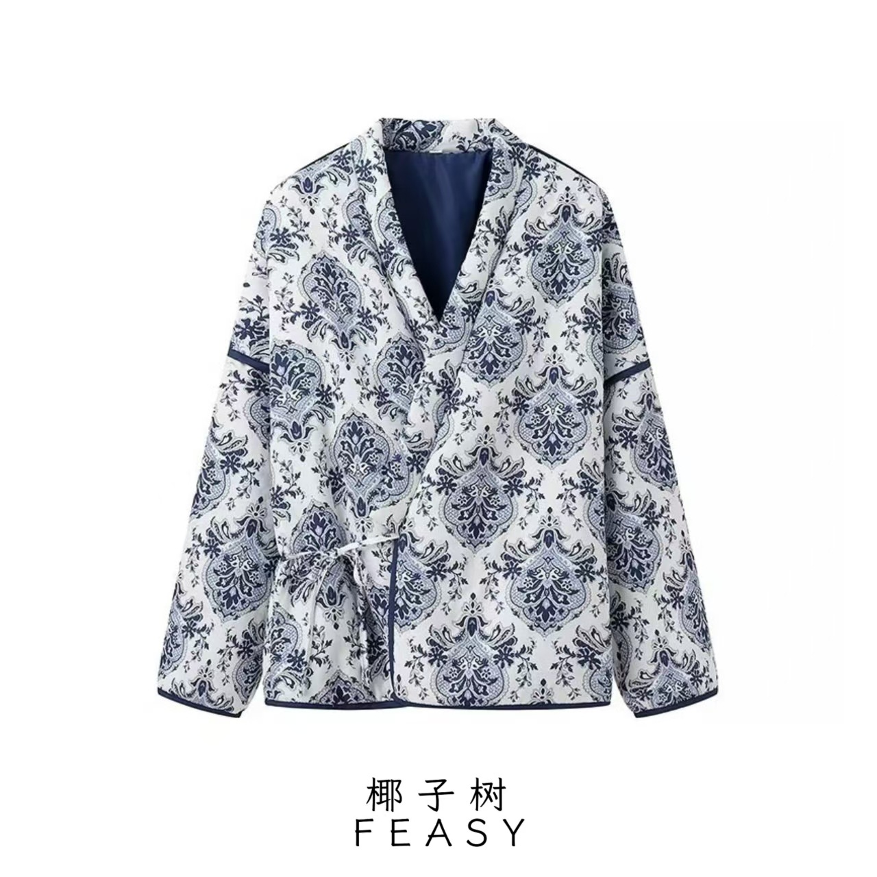 Floral Print Lace-Up Long Sleeve Cotton Coat