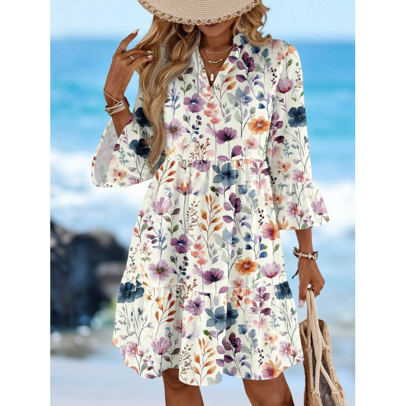 Boho V-Neck Midi Dress Floral Print Bell Sleeve A-Line