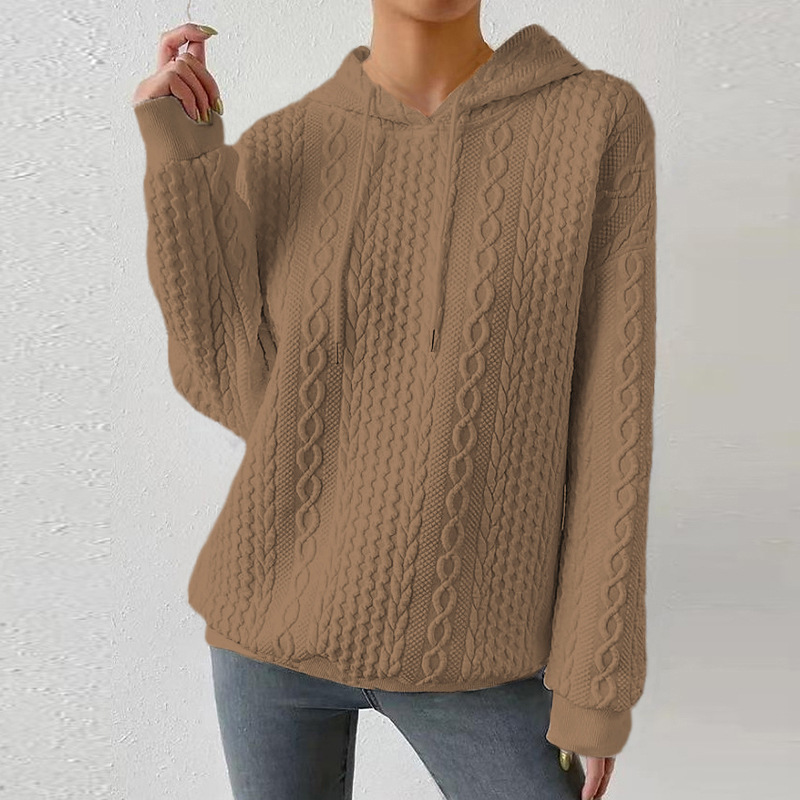 Plus Size Jacquard Hooded Lace-Up Long Sleeve Knit Sweatshirt