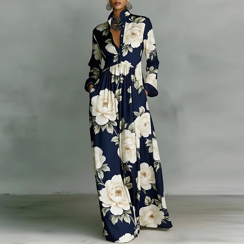French Style Printed Long Dress with Collar, Loose Casual Vacation Dress