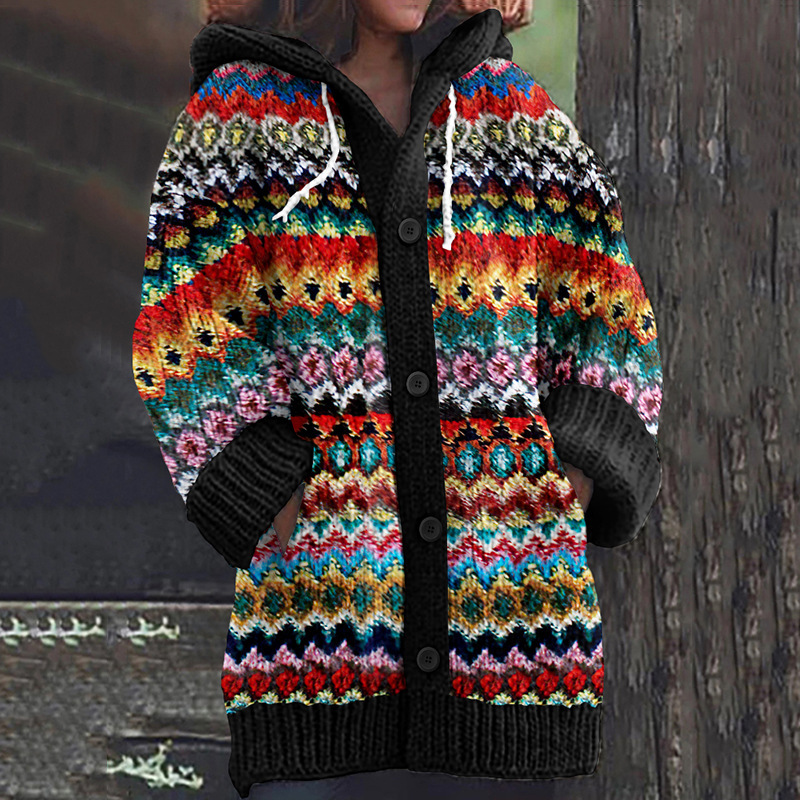 Women's Floral Puppy Rose Print Hooded Button Cardigan Sweater