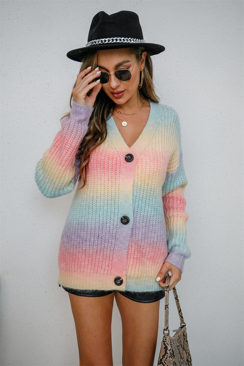 Gradient Rainbow Button-Up Knit Cardigan
