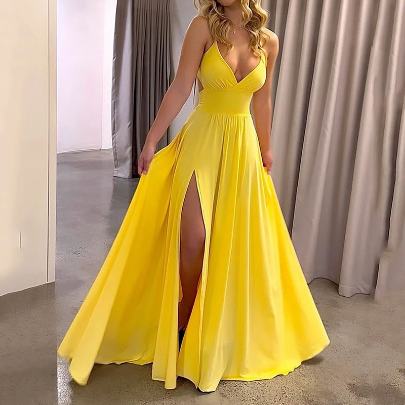 Women's Sleeveless V-Neck Open Back Tie Slit Midi Dress