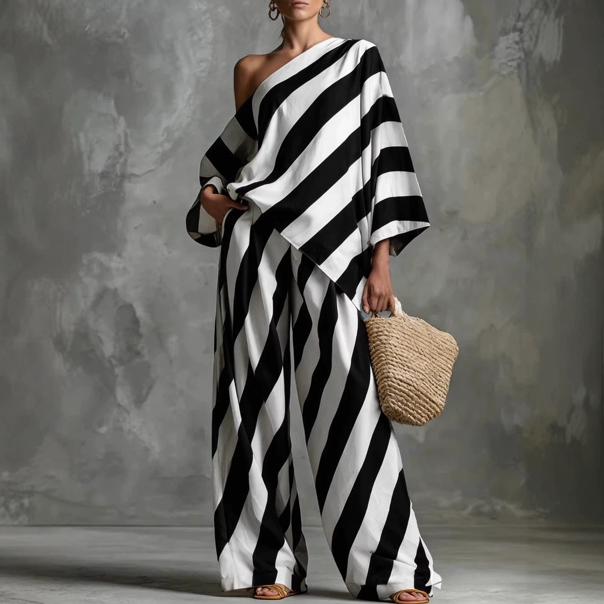 Relaxed Retro Striped Print Top and Wide-Leg Pants Set