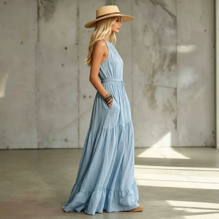 Blue Sleeveless Cotton-Linen Maxi Dress