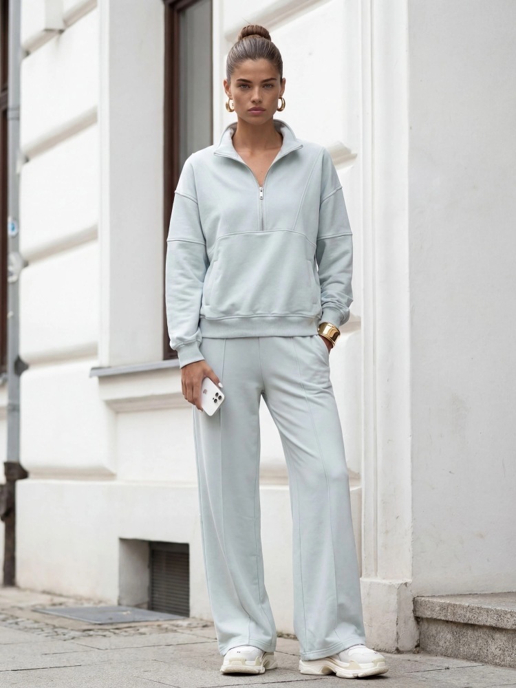 American Retro Half-Zip Stand Collar Sweatshirt & Wide-Leg Pants Set