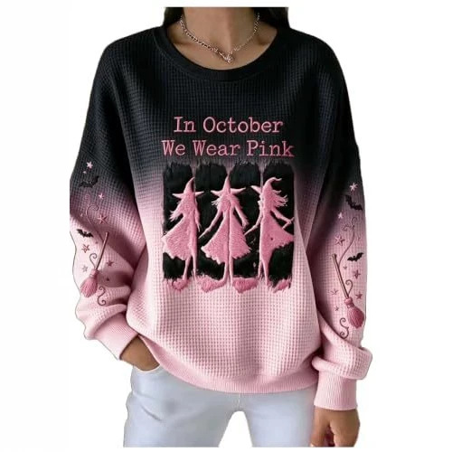 Halloween Witch Broom Print Crewneck Long-Sleeve Pullover Sweatshirt