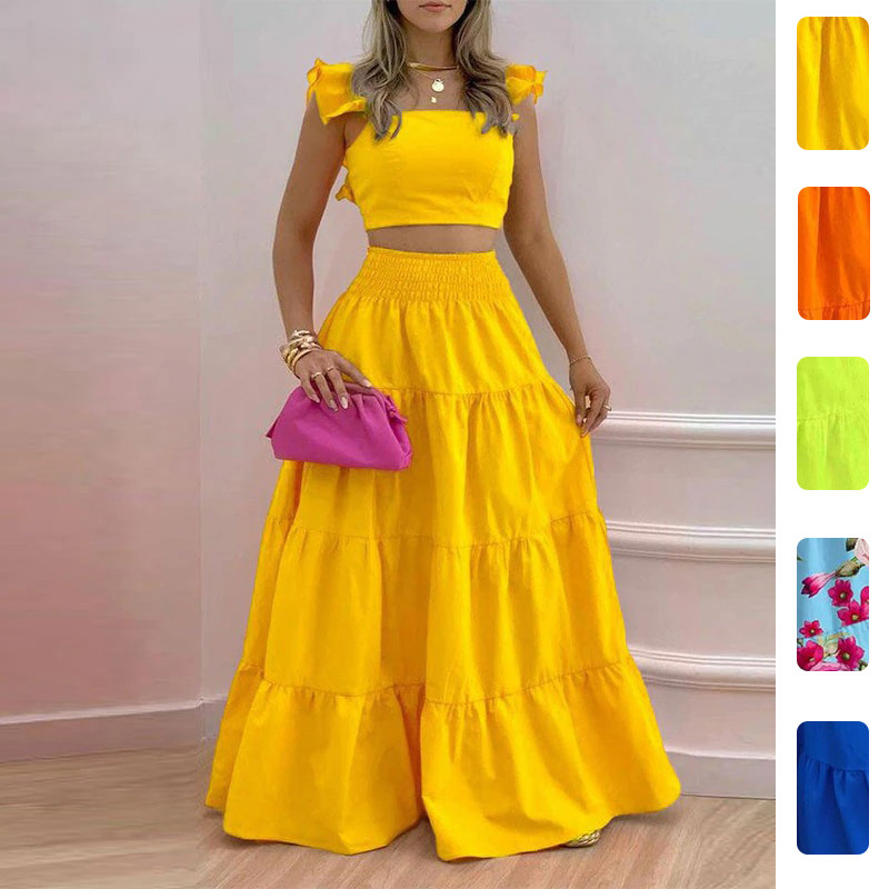 Women's Solid Color Cami Top and Flared Skirt Set