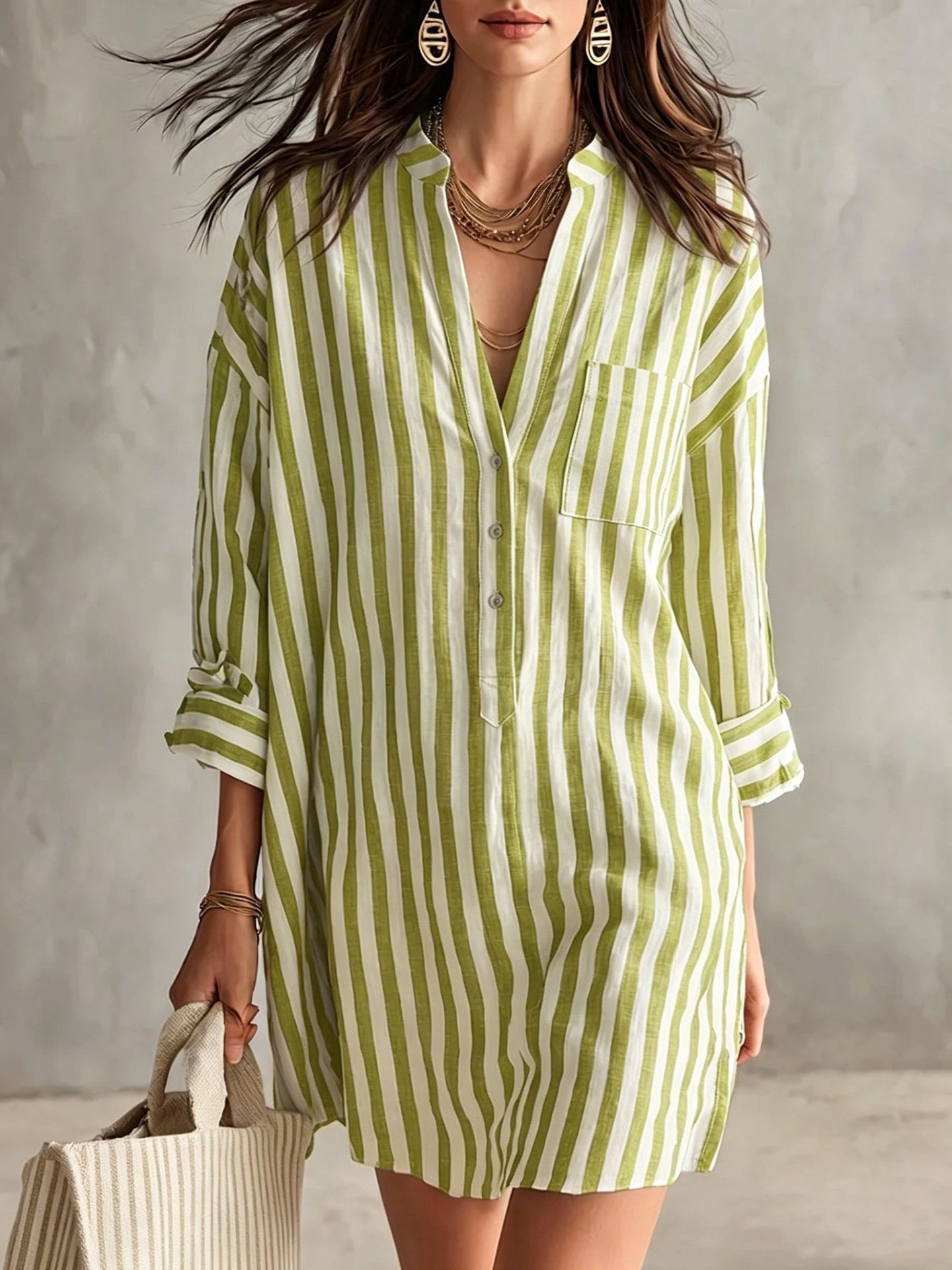 V-Neck Striped Shirt Dress Casual High Waist Midi