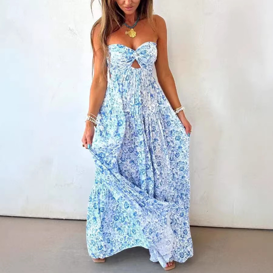Women's Strapless Sleeveless Open Back Floral Dress