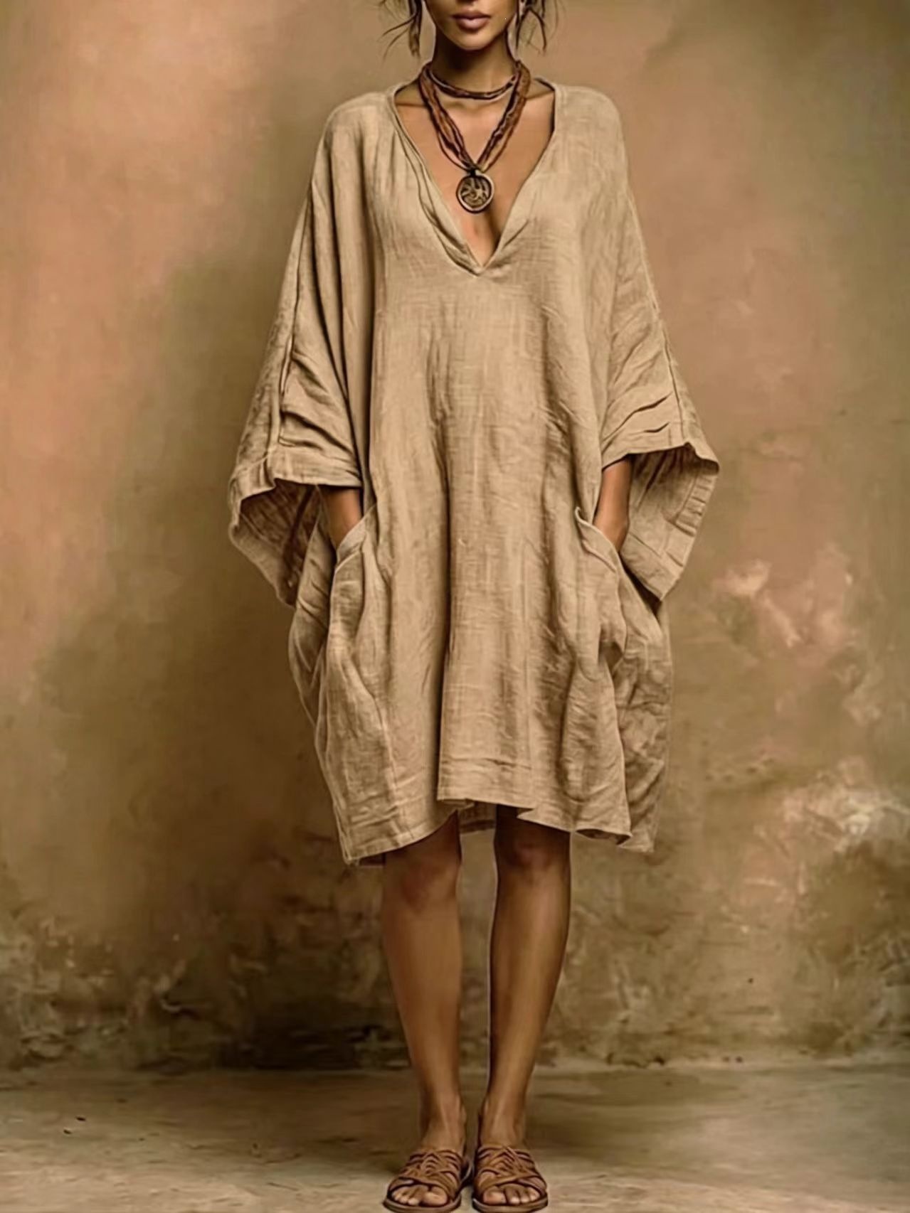 Boho Solid Color Dress with V-Neck, Batwing Sleeves, and Pockets