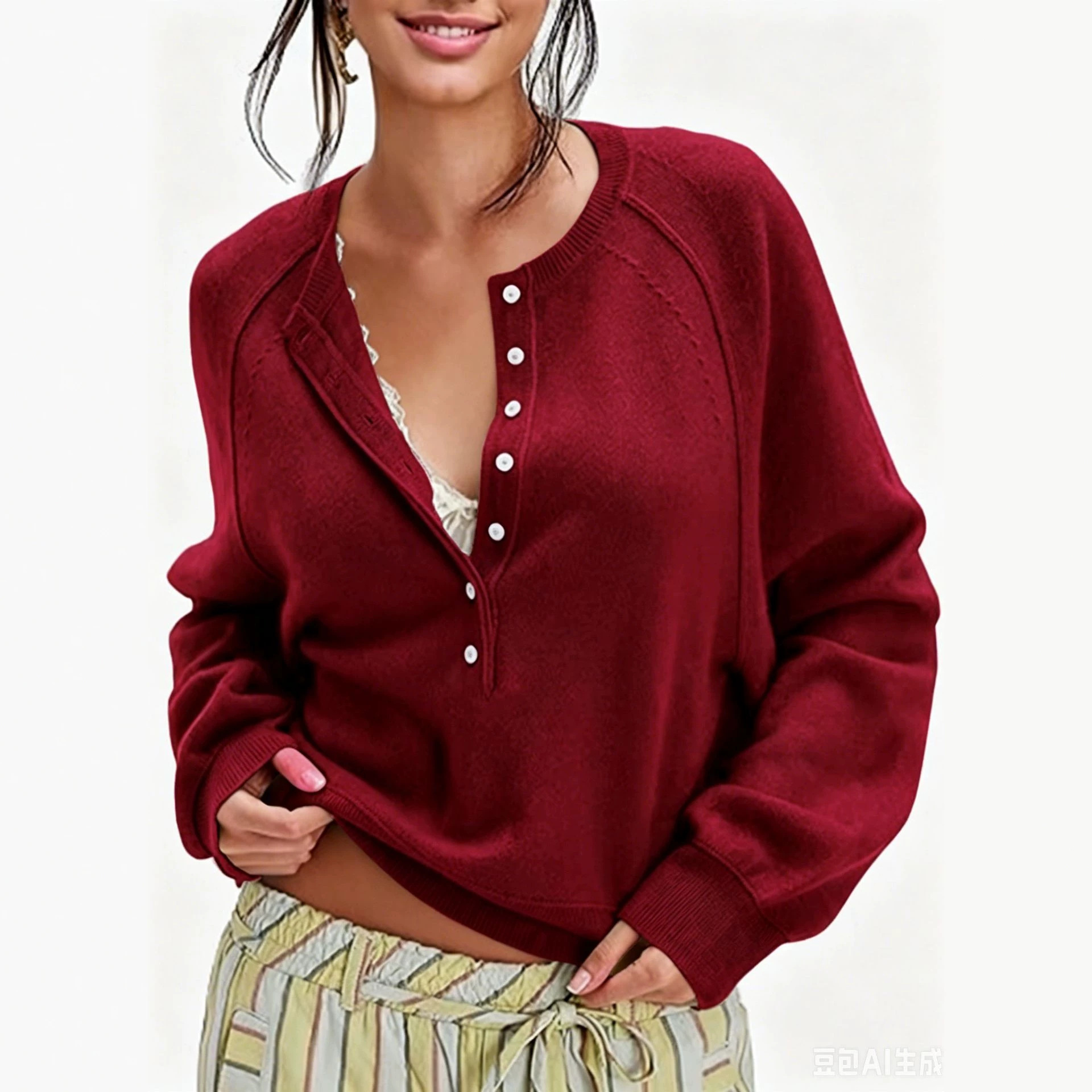 Women's Button-Front Half-Open Neck Sweater Loose Knit Top