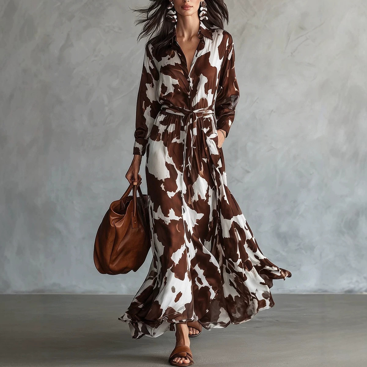 Brown & White Cow Print Long Sleeve Button-Front Waist-Defining Maxi Dress