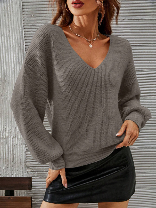 V-Neck Long-Sleeve Solid Knit Sweater