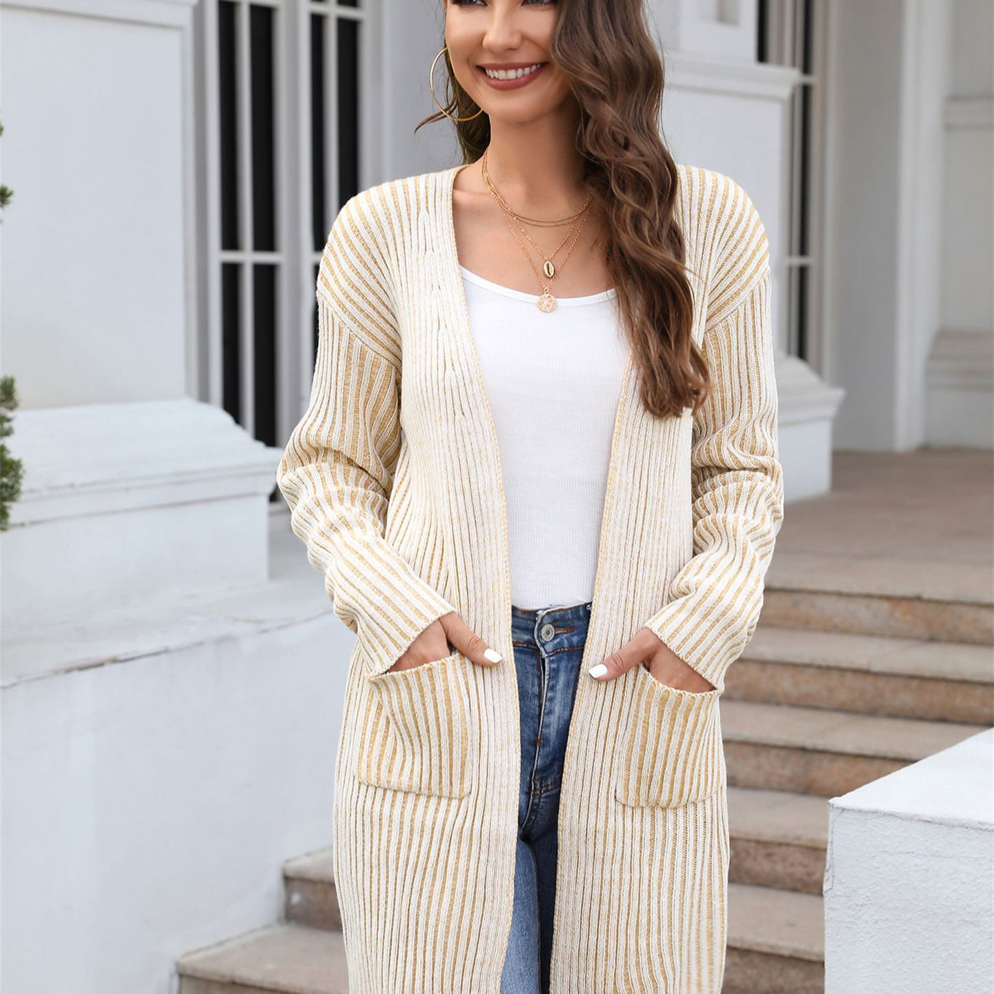 Plus Size Ribbed Knit Cardigan with Pockets Solid Color Long Sleeve Sweater Coat