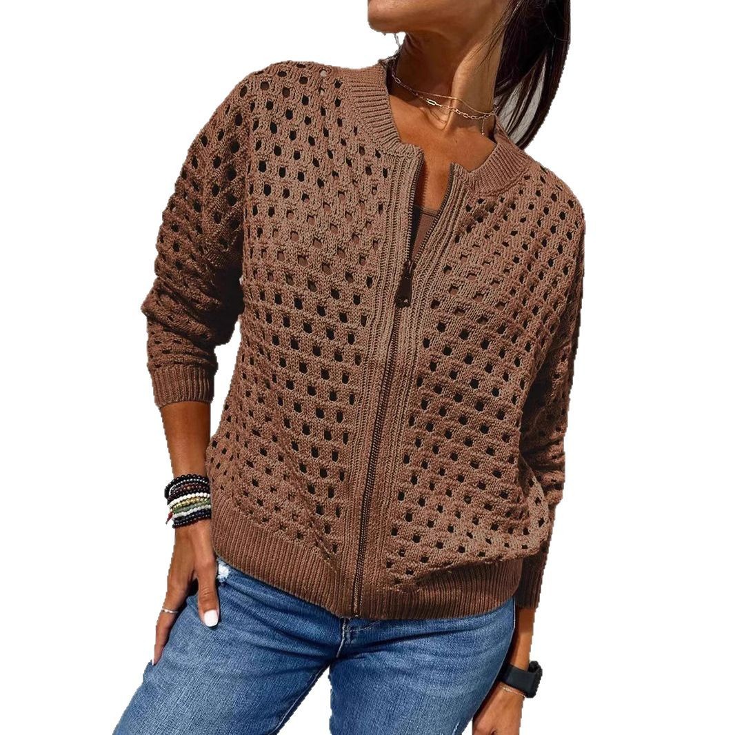 Women's Open-Knit Zip-Up Jacket Casual Lightweight Outerwear