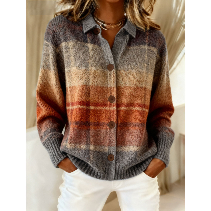 Women's Collared Button-Front Cardigan Sweater, Solid 3D Print Knit, Loose Fit