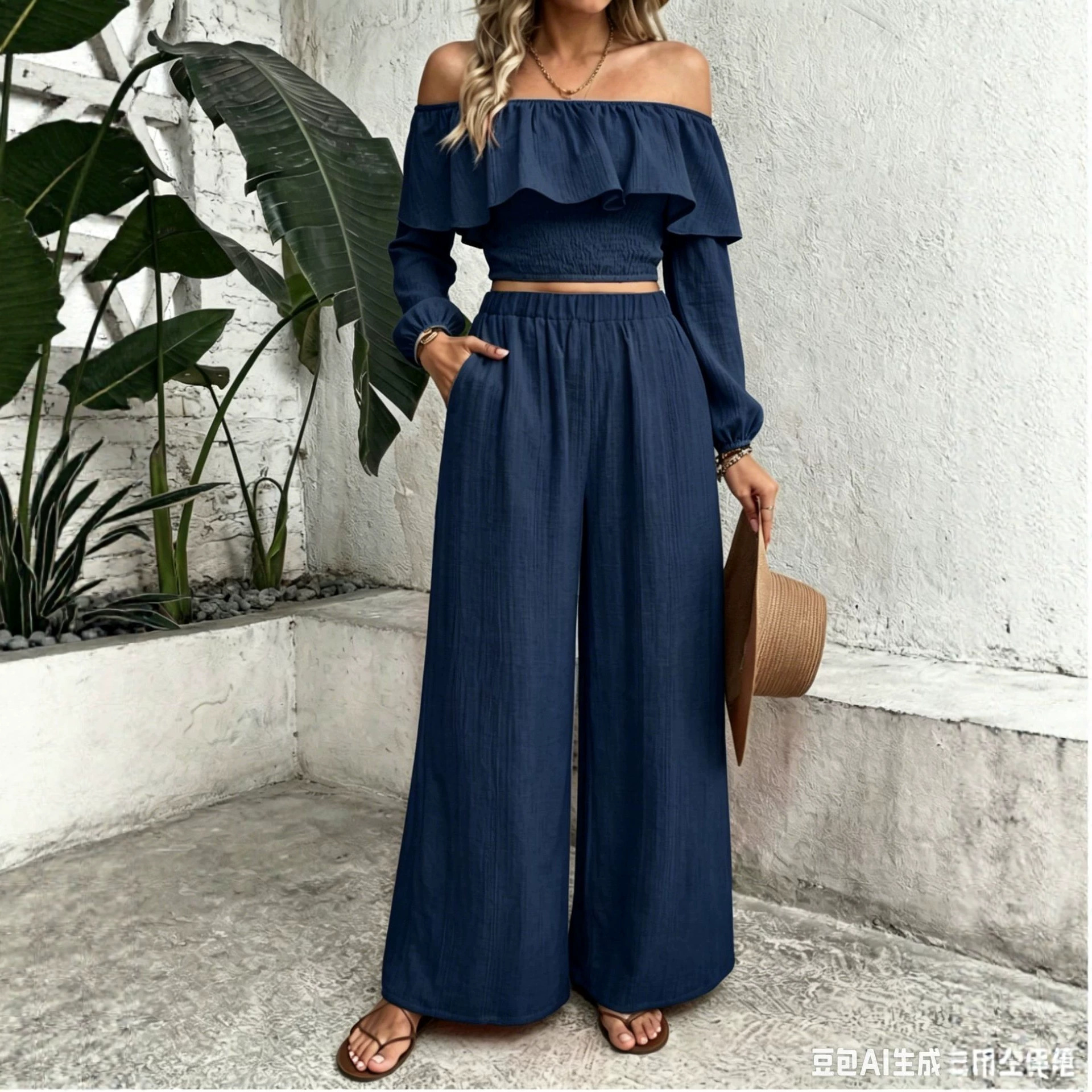 Women's Boho Off-Shoulder Ruffle Top & High-Waist Wide-Leg Pants Set