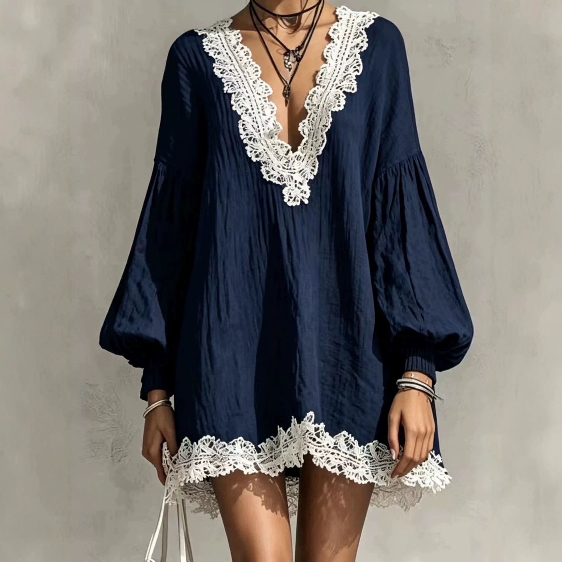 Color-Block V-Neck Lace-Trim Lantern-Sleeve Loose Dress