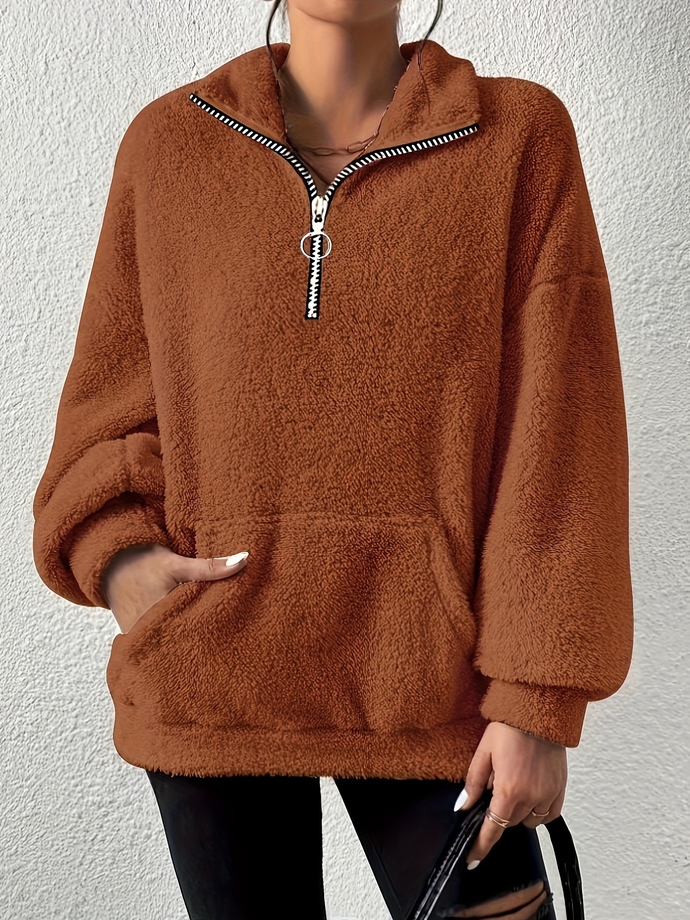 Fleece-Lined Zip-Up Hoodie for Women with Stand Collar and Pockets