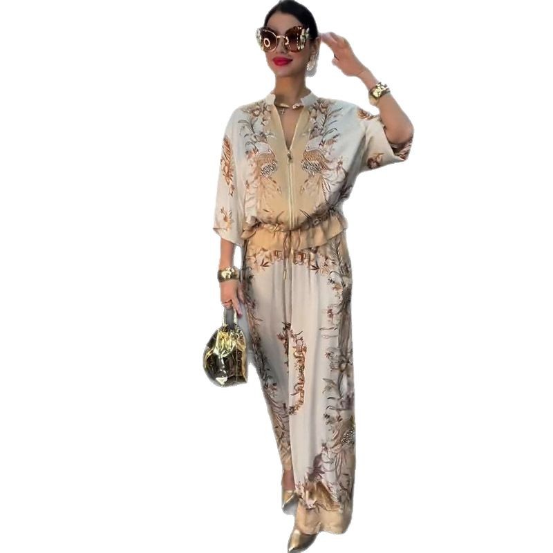3D Floral Print Baseball Jacket & Drawstring Pants Two-Piece Set