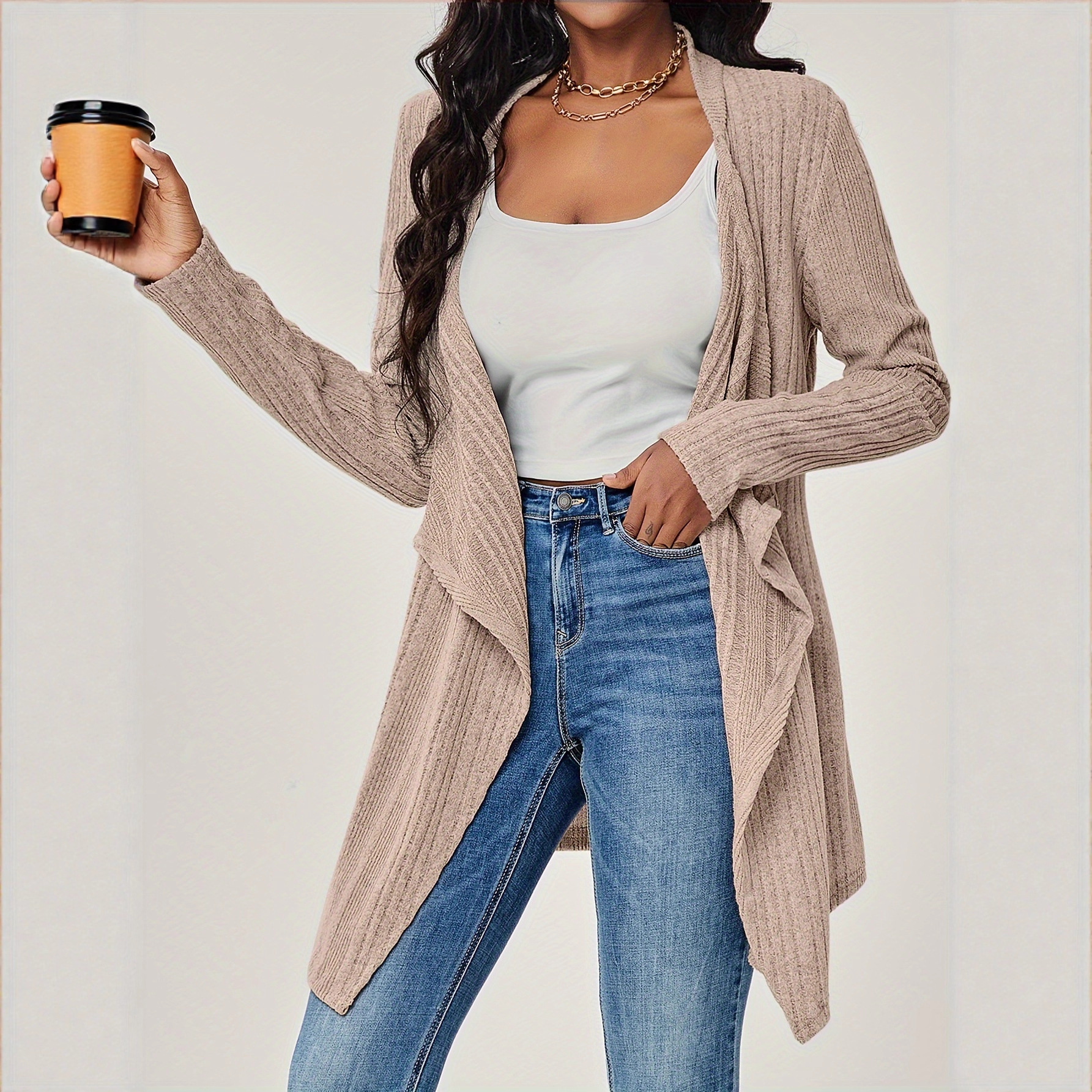 Women's Ribbed Knit Open Front Cardigan Long Sleeve Solid Color