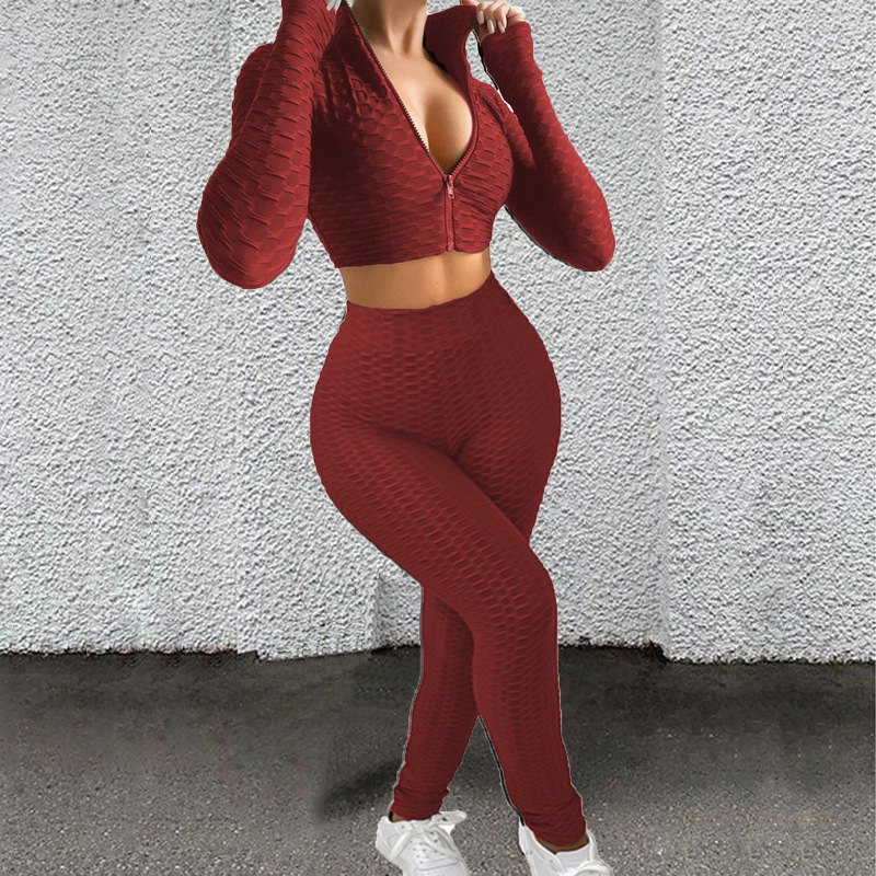 Women's Casual Solid Two-Piece Waffle Knit Tracksuit Set