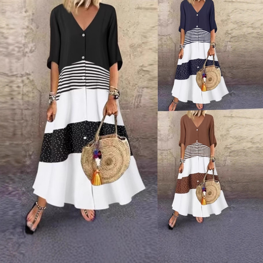 V-Neck Printed Long Dress with Button Front and Paneled Design