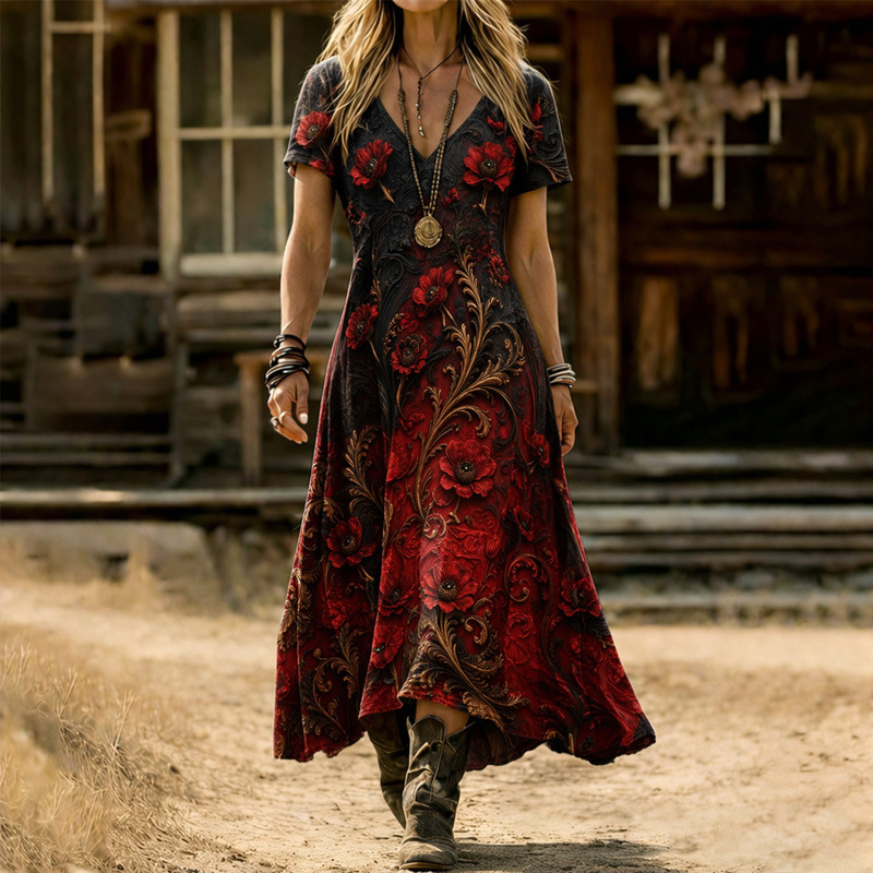 Women's Floral Print Ruched Midi Dress V-Neck Sleeveless