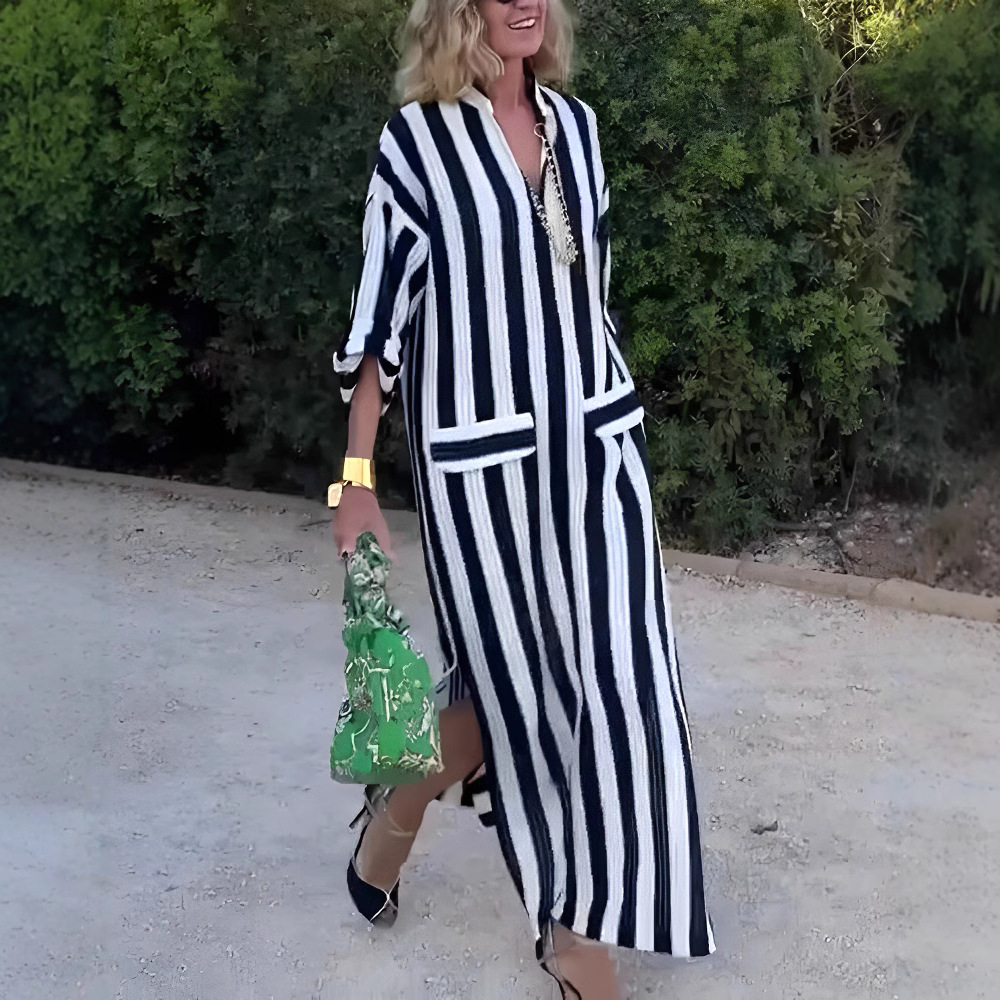 Striped Side Slit V-Neck Midi Dress