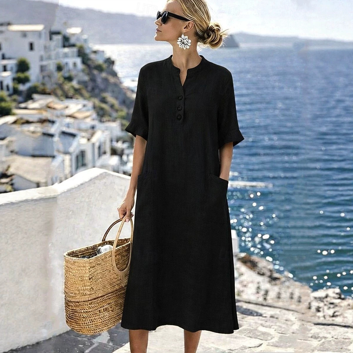 Women's Stand Collar Button Short Sleeve Pocket Midi Dress