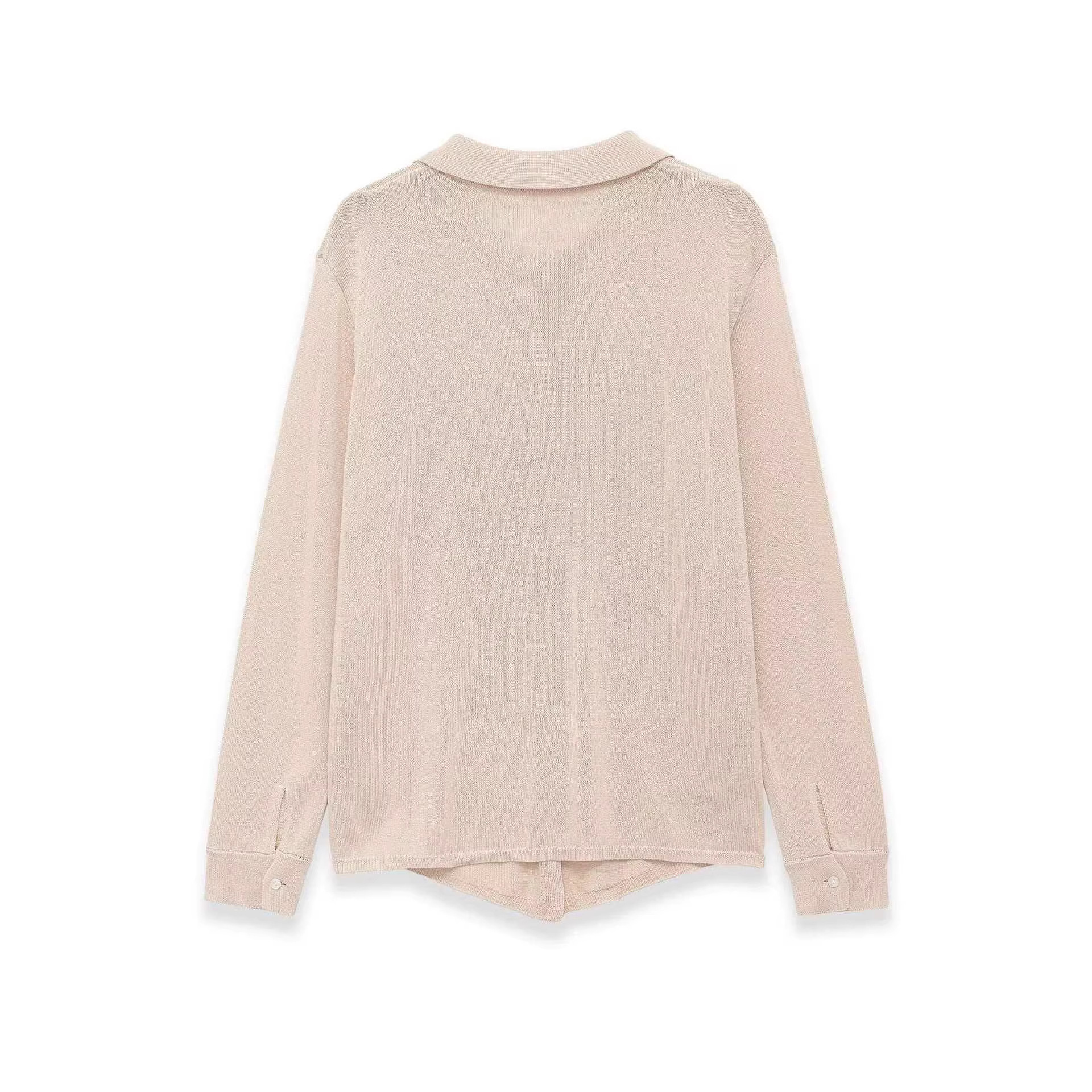 Women's Beige Long Sleeve Knit Cardigan Polo Collar Simple Commuter Style
