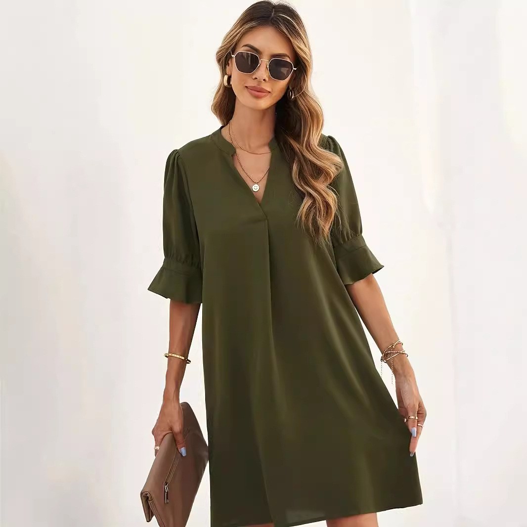 Women's Summer Chiffon Dress Loose Half-Sleeve Solid V-Neck Knee-Length