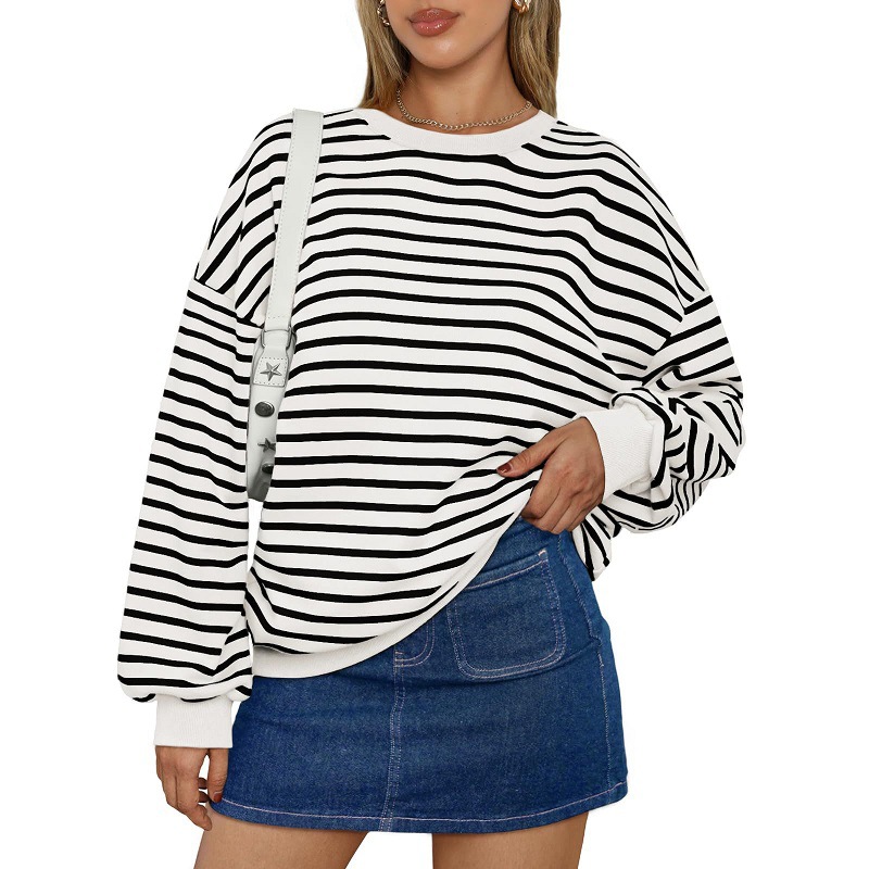 Women's Striped Long-Sleeve Crewneck Sweatshirt Y2K Pullover