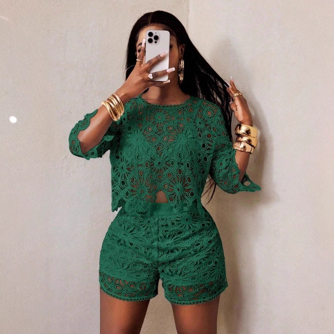 Women's Solid Color Hollow Lace Slim Fit Two-Piece Set