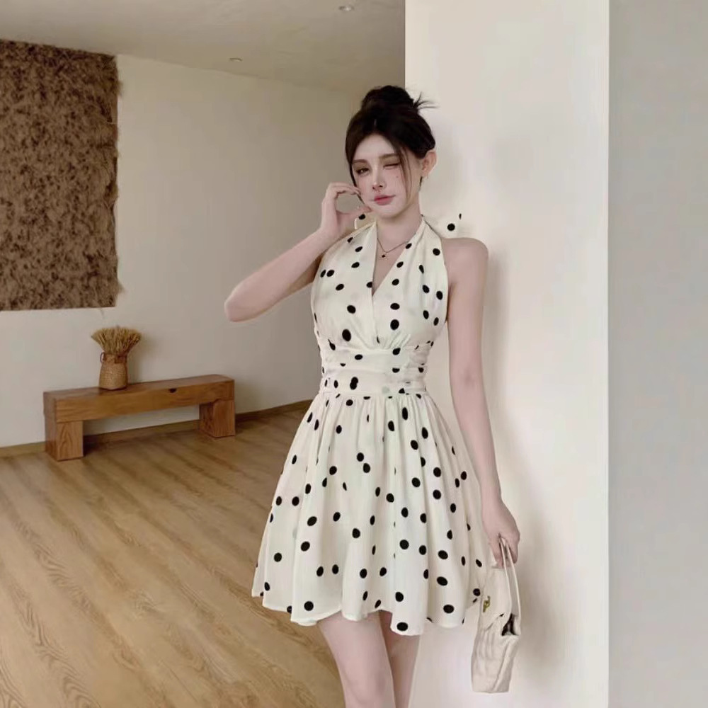 French Bow Open-Back Polka Dot Dress Waist-Cinching A-Line Short Dress