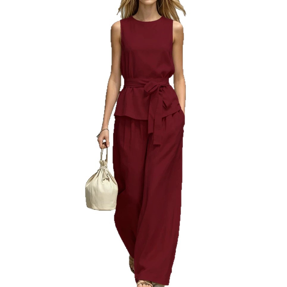 Women's Sleeveless Tie-Front Top & High-Waist Wide-Leg Pants Set
