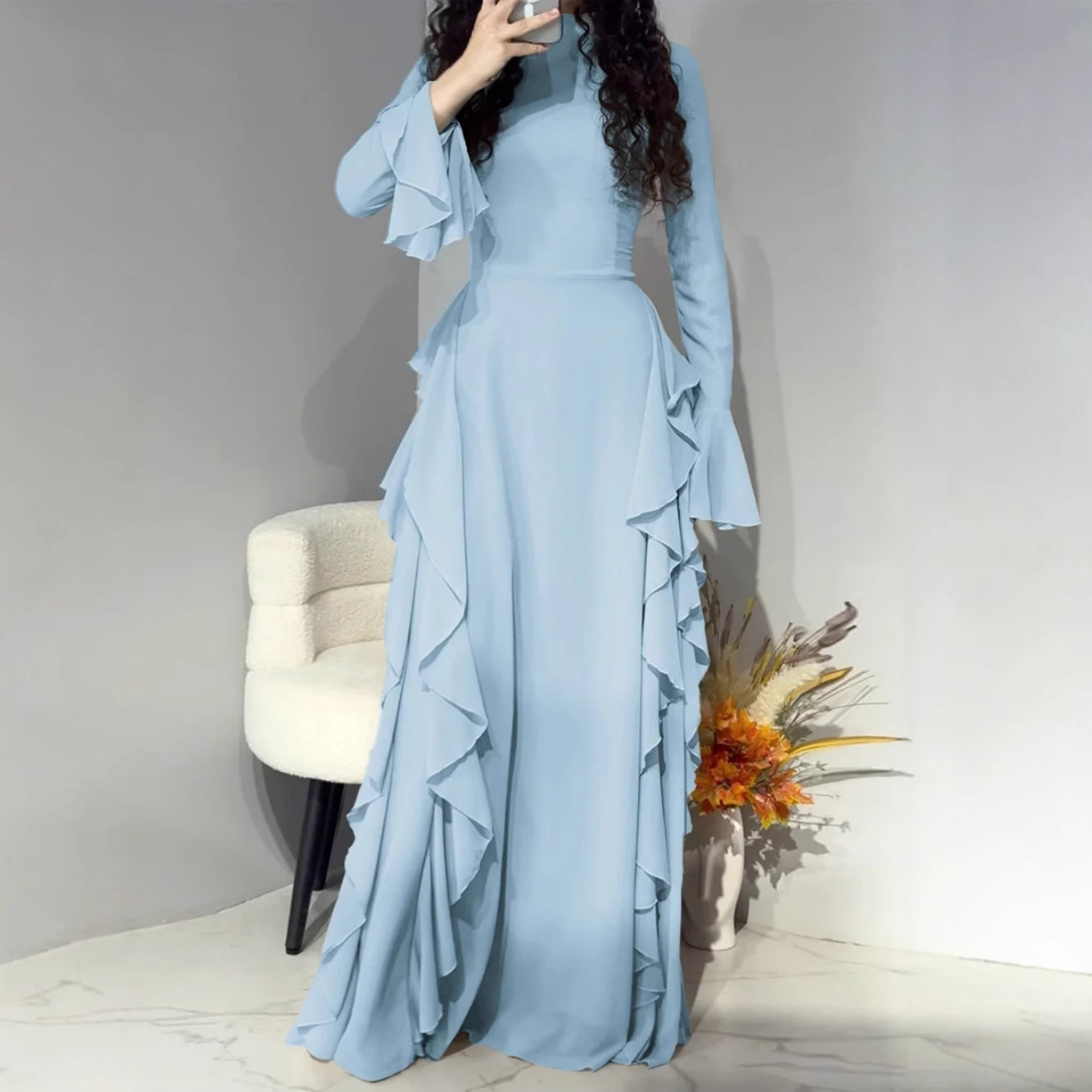 Elegant High-Waist Solid Bell-Sleeve Long Dress
