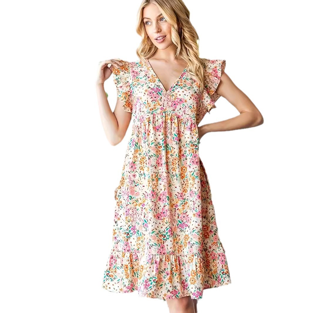 Bohemian Floral Print Pleated V-Neck Dress