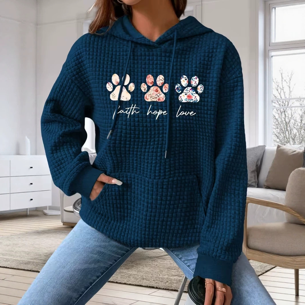 Women's Animal Paw Print Waffle Knit Hoodie Casual Pullover