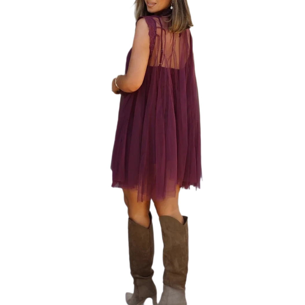 Purple Tulle Sleeveless Lace Panel Loose Short Dress