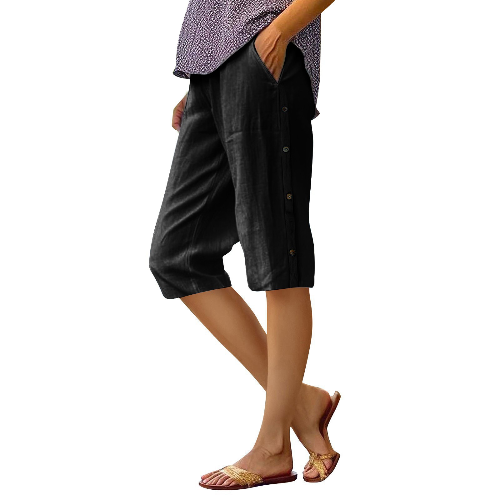Cotton-Linen Cropped Pants with Side Button Detail and Pockets