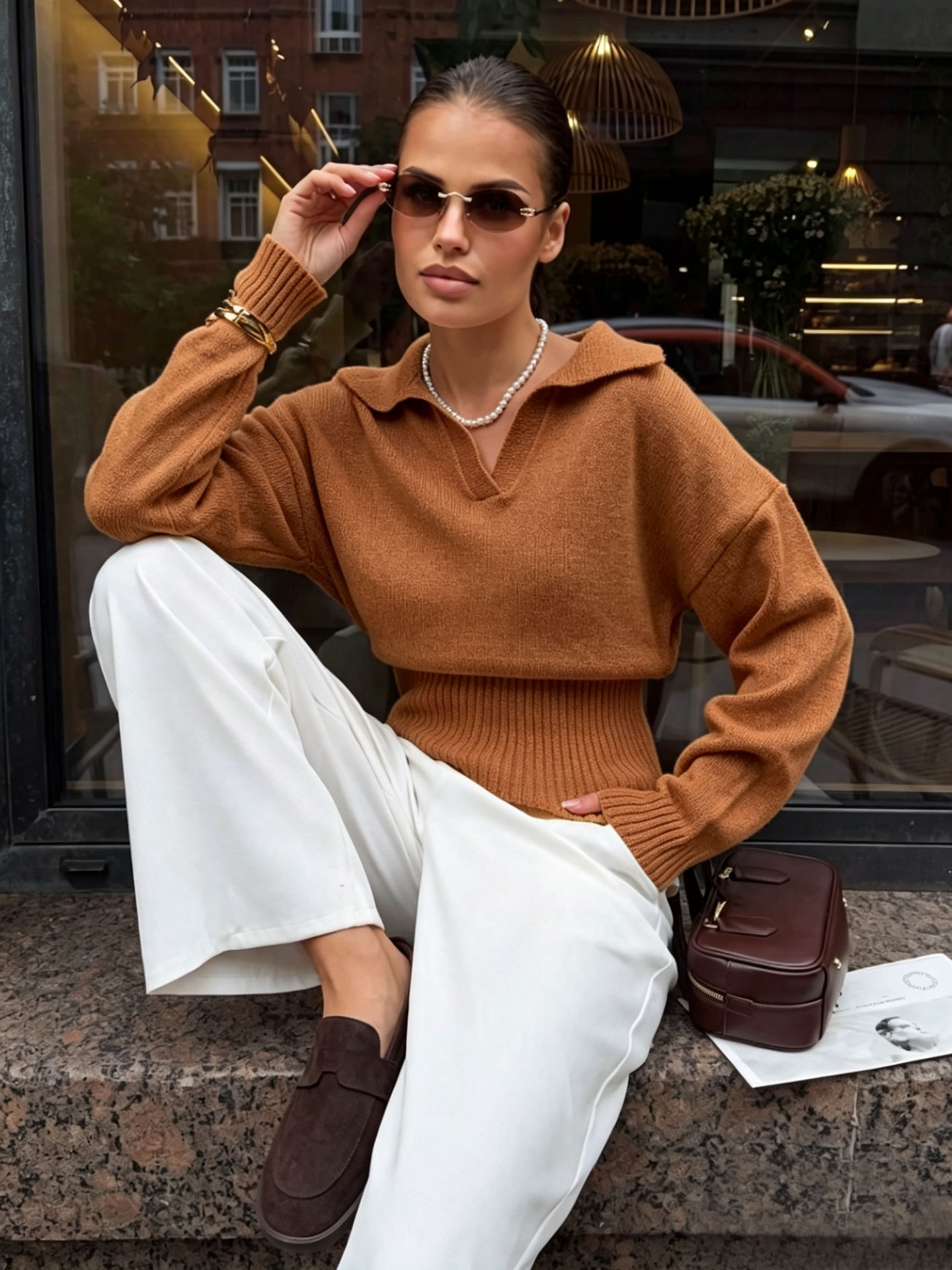 Women's V-Neck Fitted Waist Loose Long Sleeve Pullover Top