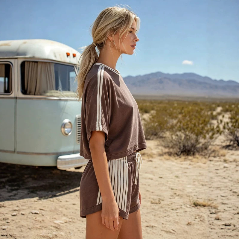 Retro Color Block Striped Brown Short Sleeve Cotton T-Shirt and Shorts Set