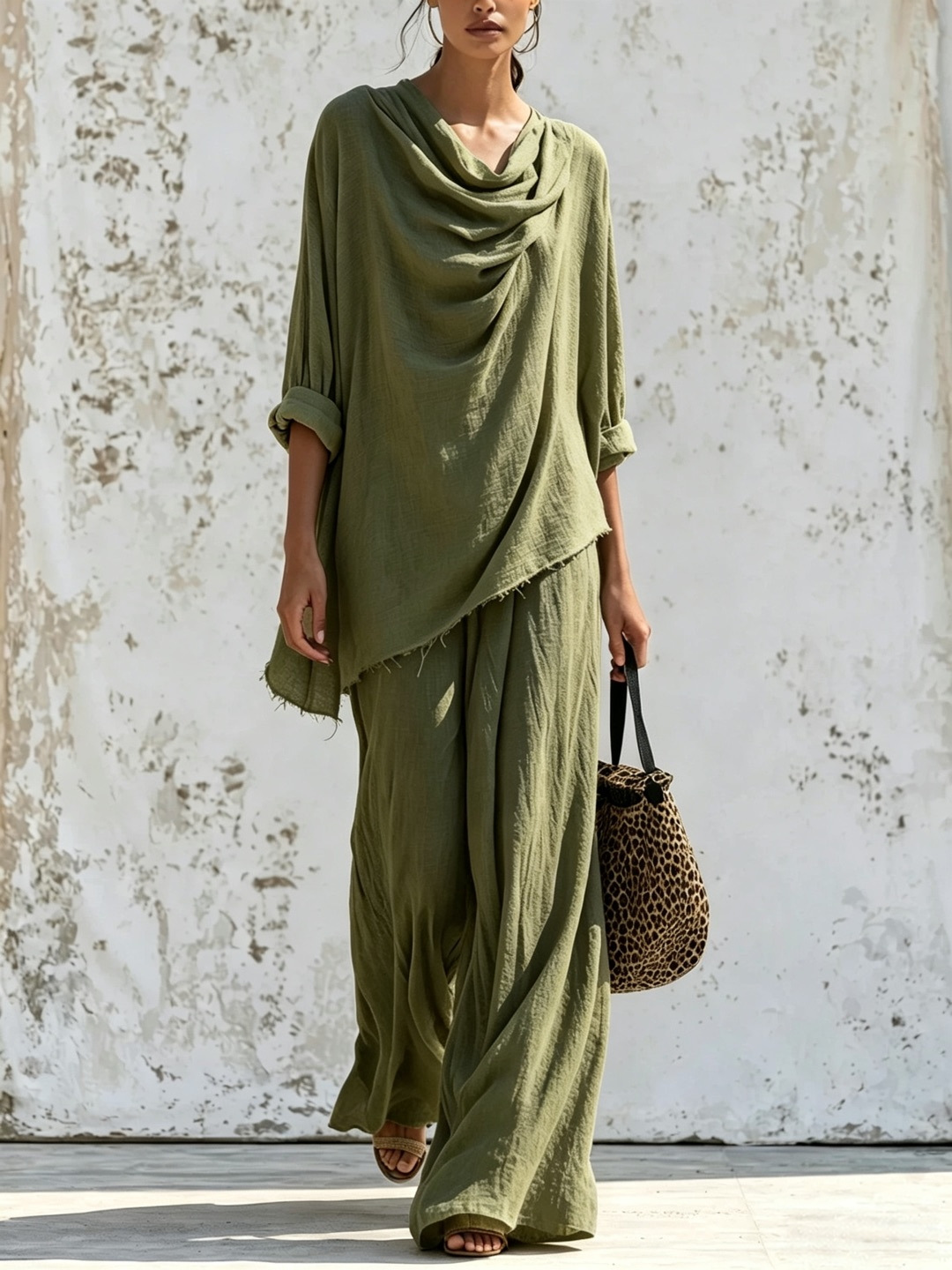 Women's Long Sleeve Frayed Trim Top & Wide Leg Pants Casual Set