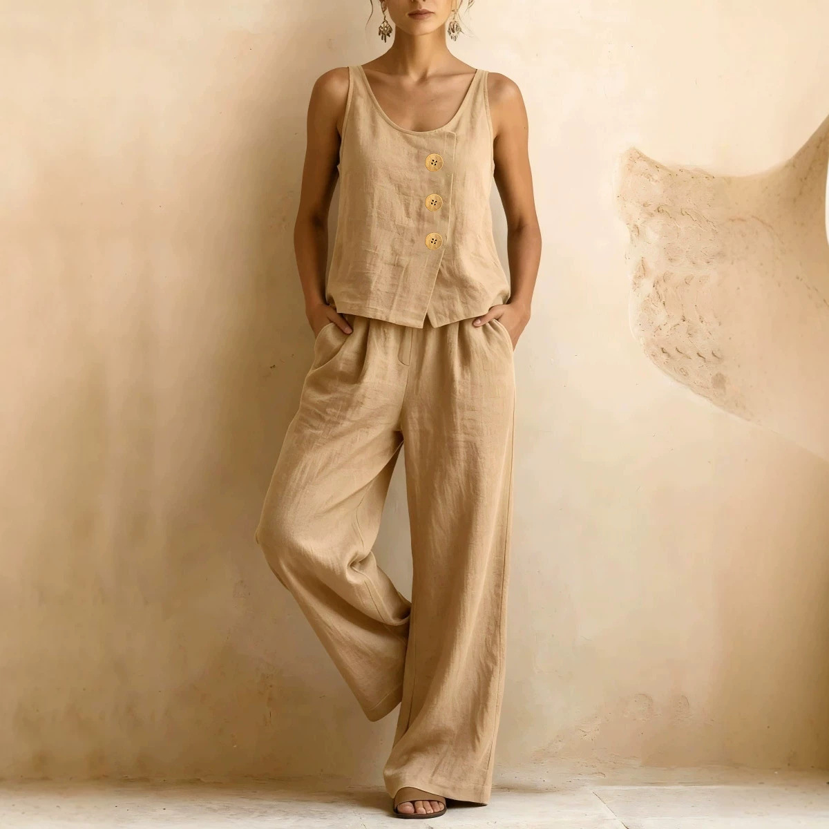 Women's Sleeveless Vest & Wide-Leg Pants Cotton-Linen Two-Piece Set
