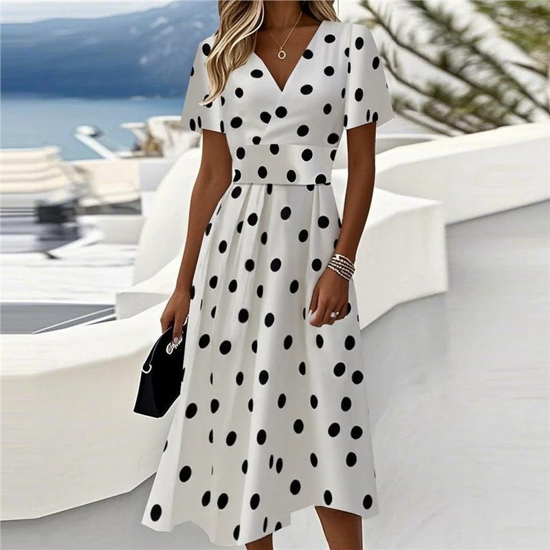 3D Vintage Floral Short Sleeve V-Neck Midi Dress with Flared Skirt
